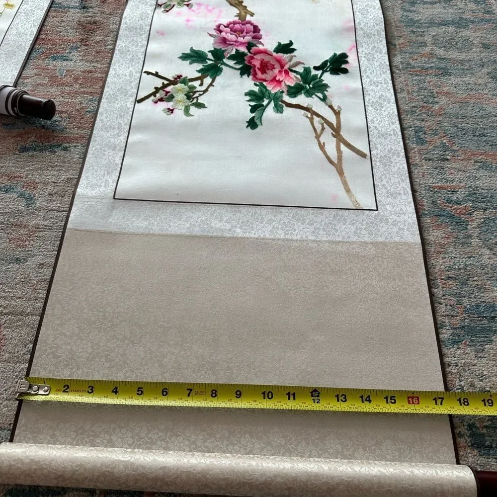 Vintage Chinese Silk Kesi Needlepoint Embroidered Tapestry Scroll 5 Panels Piece